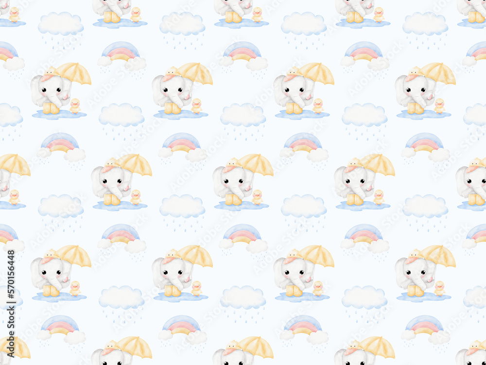 Fototapeta premium Cute Elephant and duck in raining day background patterns