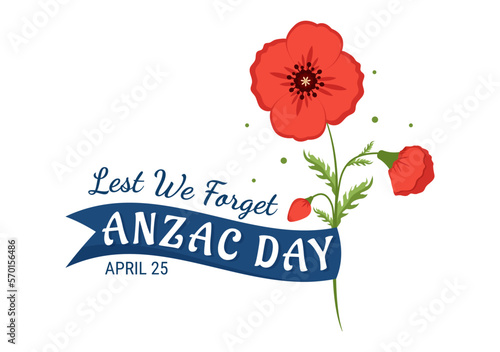 Anzac Day of Lest We Forget Illustration with Remembrance Soldier Paying Respect and Red Poppy Flower in Flat Hand Drawn for Landing Page Templates