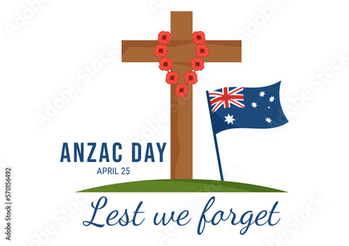 Anzac Day of Lest We Forget Illustration with Remembrance Soldier Paying Respect and Red Poppy Flower in Flat Hand Drawn for Landing Page Templates
