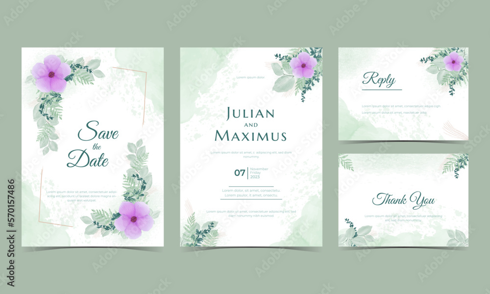 Watercolor wedding invitation card template. Floral greeting card design vector.