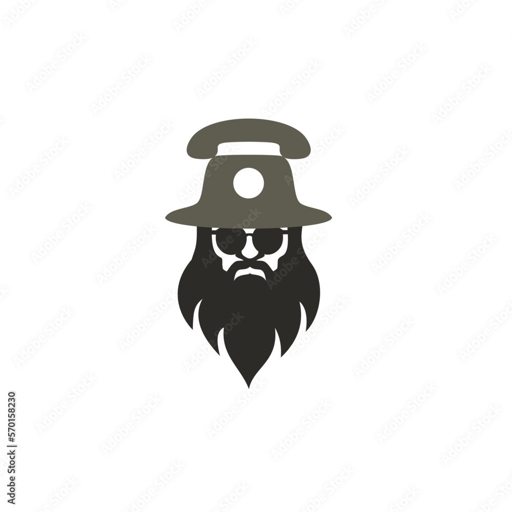 long bearded man logo wearing a telephone shaped hat