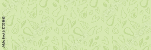 Avocado hand drawn seamless pattern. Doodle style. Vector horizontal illustration