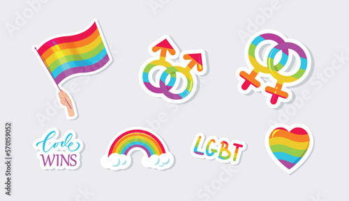 Lgbt related stickers flag, rainbow, heart, gender signs. Vector illustration.