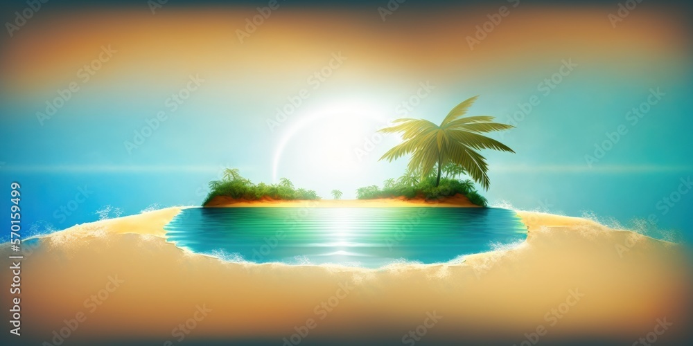 An island in a tropical climate in summer. Sand is shaded by palm tree branches. extremely bright sun. The horizon is very blurry. sandy beach to turquoise water transition. Generative AI
