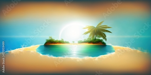 An island in a tropical climate in summer. Sand is shaded by palm tree branches. extremely bright sun. The horizon is very blurry. sandy beach to turquoise water transition. Generative AI