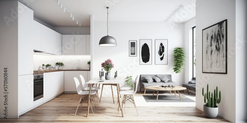 Contemporary minimalist style interior design of light studio apartment with wooden table and chairs in dining zone between open kitchen and living room with white walls and parquet floor. Generative photo