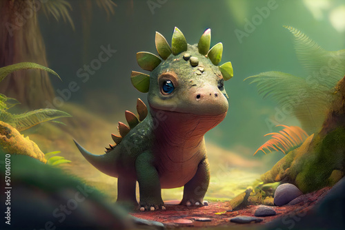 Cute baby dinosaur in forest 3d anime style. Generative ai © Areerat