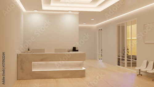 Luxury elegance reception interior design with modern receptionist s counter  waiting seats