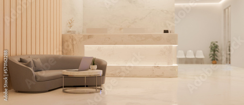 Luxury beauty clinic or office reception area with luxury marble reception counter and sofa photo