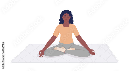 Pleased young woman sitting on throw rug semi flat color vector character. Editable figure. Full body person on white. Simple cartoon style illustration for web graphic design and animation