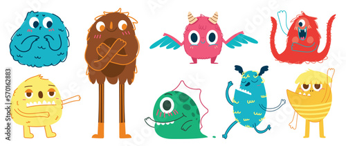 Cute and Kawaii monster icon set. Collection of cute hand drawn cartoon monster in different playful characters. Funny devil, alien, demon and creature flat. Design for kids, comic, education.