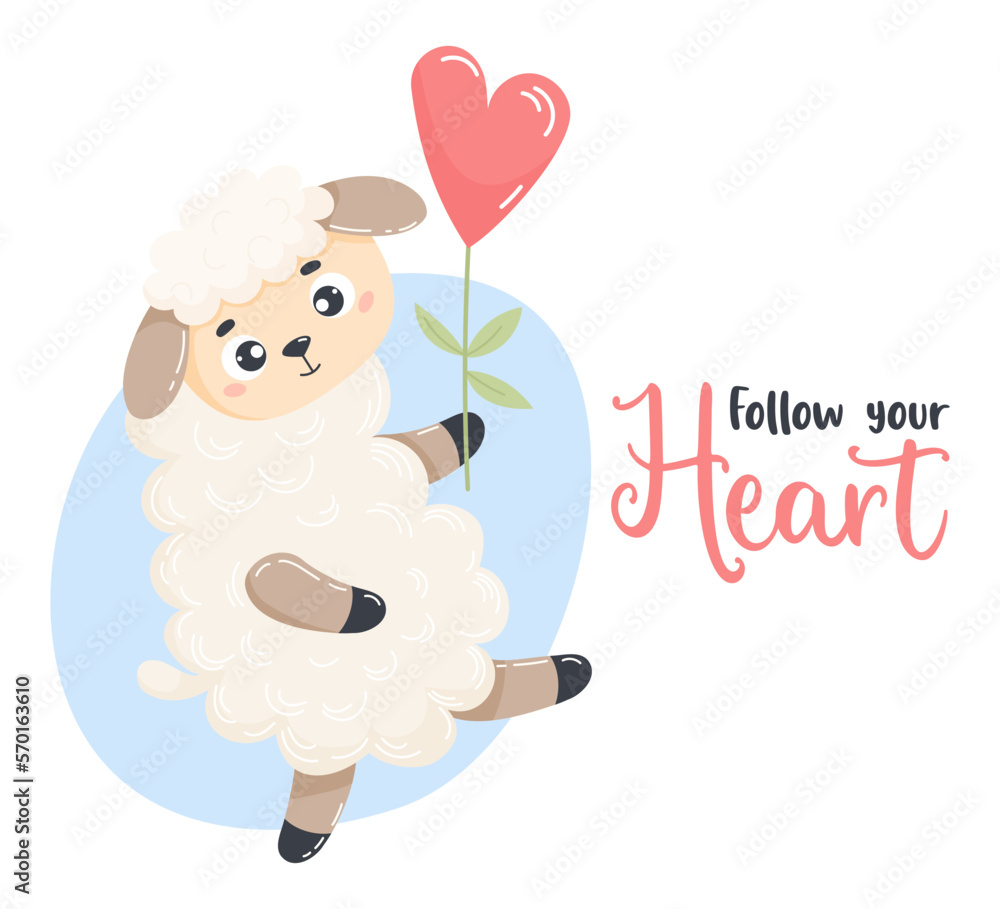 Cute sheep with flower heart. Vector illustration in cartoon flat style. Romantic card valentine with inscription Follow your heart