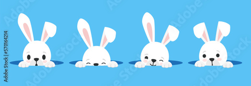 Cute bunny looks out of a hole, vector illustrations. Hare, rabbit, bunny for Easter design