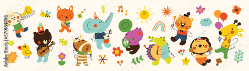 Cute animals vector set. Cartoon cheerful animals playing music instruments, parade of rabbit, elephant, tiger, giraffe. Design suitable for kids, education, edutainment, fabric, wallpaper, apparel. © TWINS DESIGN STUDIO