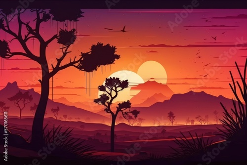 beautiful dramatic sunset among the plain silhouette  natural background panorama. Generative AI