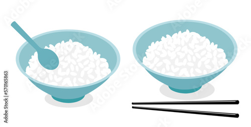 Rice bowls with chopsticks and spoon on white background vector illustration. Cute cartoon food. photo