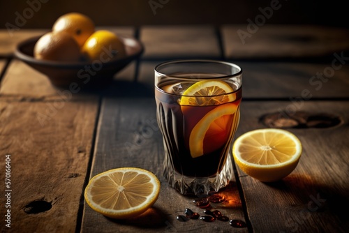 Summer cocktail, cold brew coffee or black tea, glass of espresso with lemon juice and freshly sliced lemon on hardwood table, and copy space. (up close, narrow focus). Generative AI