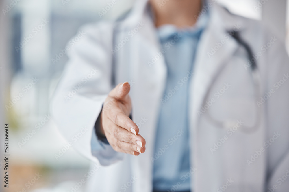 Handshake, welcome and collaboration of doctor shaking hands teamwork deal, partnership or hiring. Trust, support or zoom of medical woman for thank you, B2B interview or healthcare help in hospital Handshake, welcome and collaboration of doctor shaking hands teamwork deal, partnership or hiring. Trust, support or zoom of medical woman for thank you, B2B interview or healthcare help in hospital