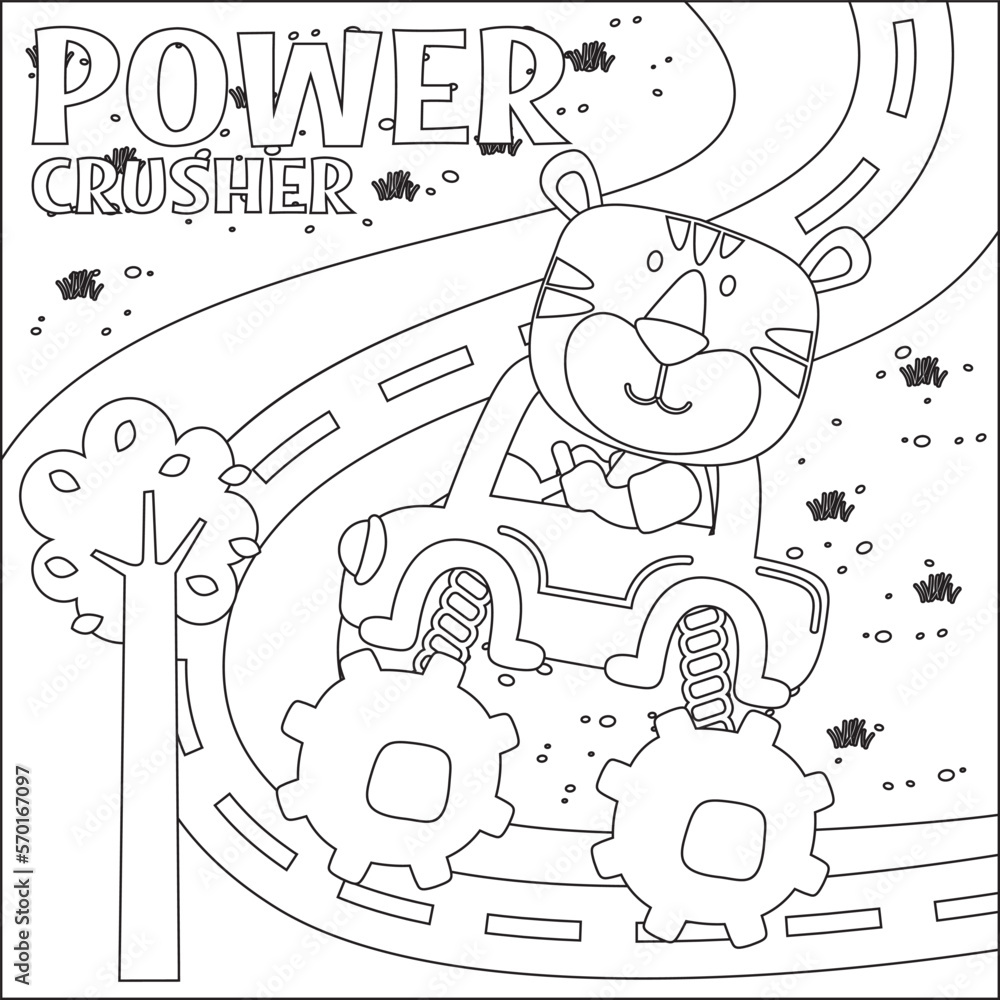 Vector illustration of monster truck with cute tiger driver. Cartoon isolated vector illustration, Creative vector Childish design for kids activity colouring book or page.