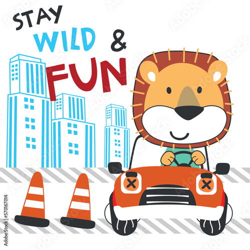 Vector illustration of funy lion driving the blue car. Funny background cartoon style for kids. Little adventure with animals on the road for nursery design, cartoon tshirt art design.