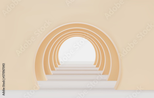 Beige 3d empty corridor of several round arches in perspective with shadows. Minimal background. Abstract architecture. Vector illustration of archway. Inside interior