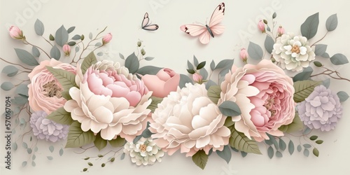 Beautiful floral arrangement in delicate light pastel colors with soft pink roses, white blossom peonies, and fluttering butterflies. Floral congrats frame. Generative AI