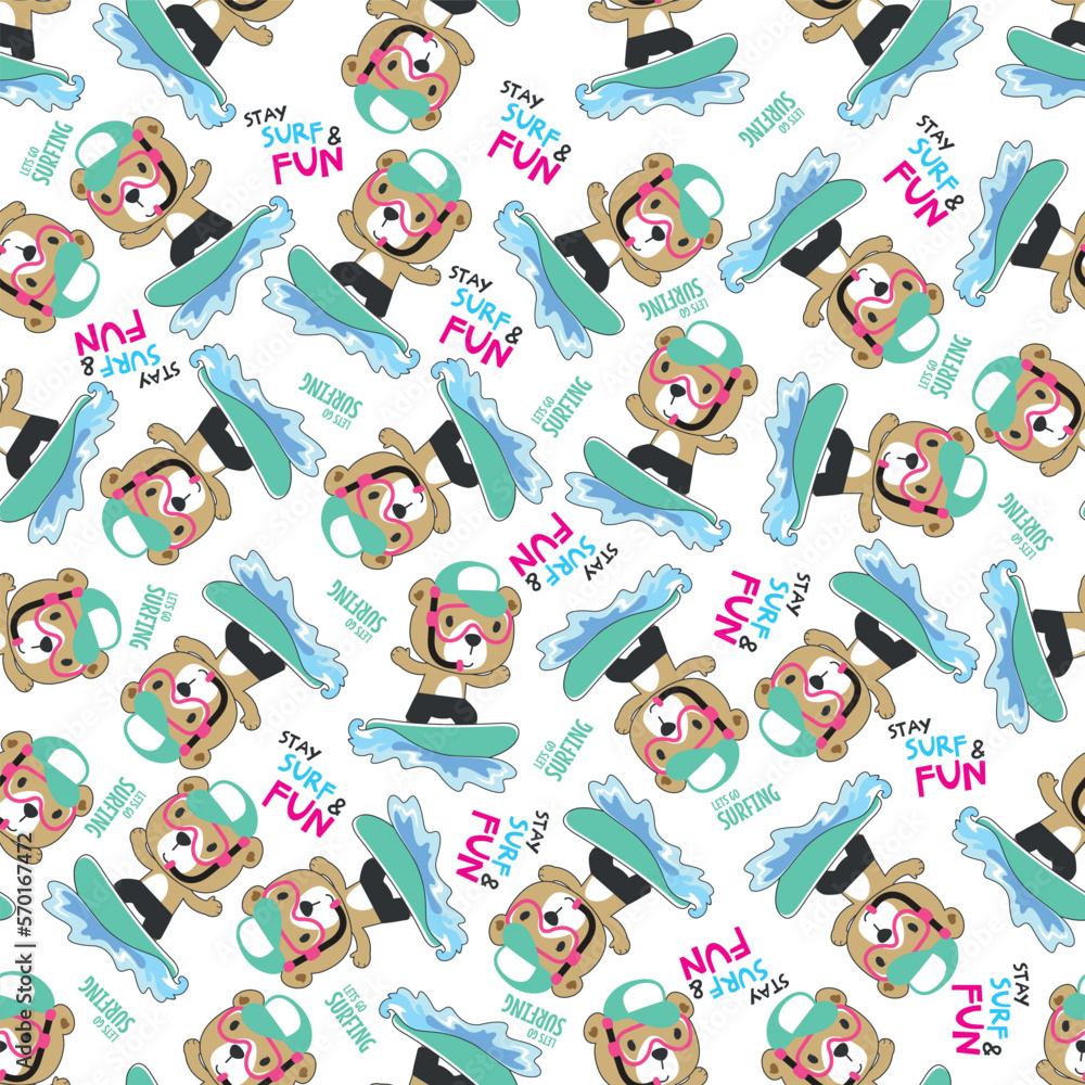 Seamless pattern of cute little bear with a surfboard, Can be used for t-shirt print, Creative vector childish background for fabric textile, nursery wallpaper and other decoration.