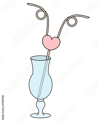 Hurricane cocktail glass. Heart-shaped double plastic straw decoration. A romantic device for a couple in love. Color vector illustration. Cartoon style. Isolated background. Wine glass. 