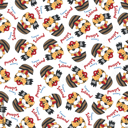 Seamless pattern of funny tiger pirate, Can be used for t-shirt print, Creative vector childish background for fabric textile, nursery wallpaper and other decoration.