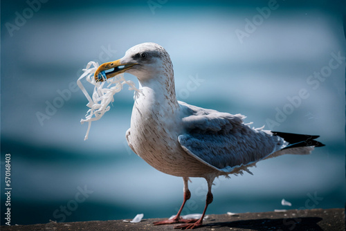 Photo seagull flying with its beak tangled in plastic rubbish, tangled around its neck