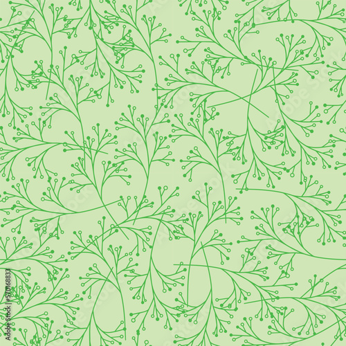 Seamless spring pattern. Green monochrome pattern, hand draw elements as branch. Vector illustration. 