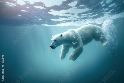 Polar bear swimming in white. Generative AI