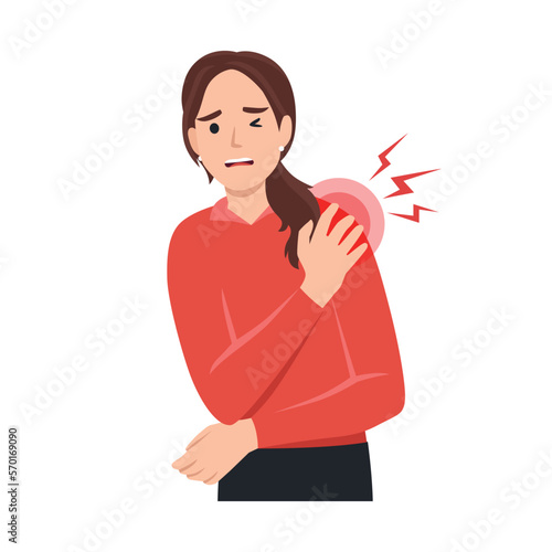 Young woman with shoulder pain. Flat vector illustration isolated on white background