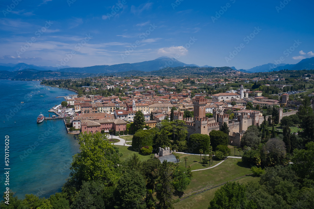 Aerial view of Lazise city, Verona. The historical part of the city of Lazise, coastline. Drone view of Lazise town on Lake Garda Italy.