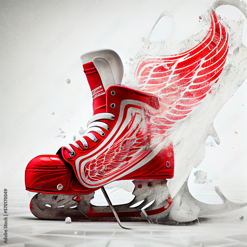 Red ice skates with feather wings and white laces background