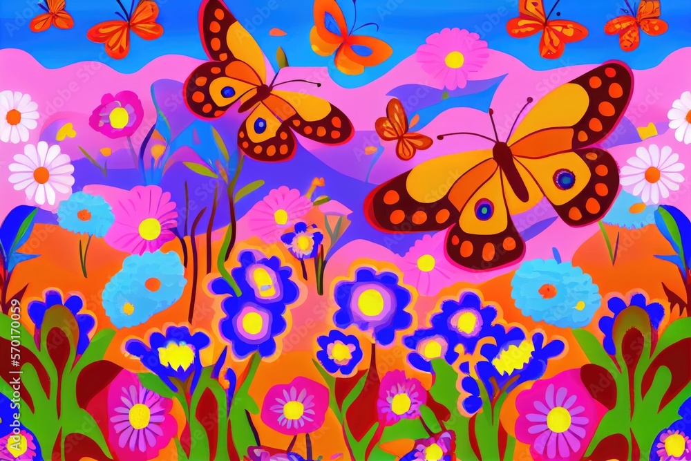 Butterflies in meadow and flowers on colorful pattern background.Ai generated Butterflies in meadow and flowers on colorful pattern background.Ai generated