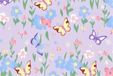 Butterflies in meadow and flowers on colorful pattern background.Ai generated