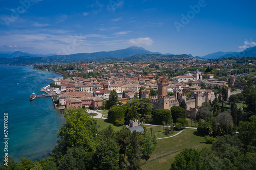 Aerial view of Lazise city  Verona. The historical part of the city of Lazise  coastline. Drone view of Lazise town on Lake Garda Italy.