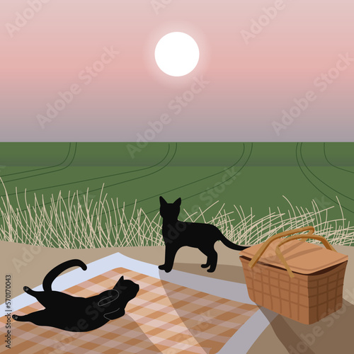 Landscape with a lazy cat resting in farmland. Vector illustration.