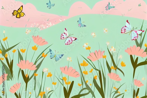 Butterflies in meadow and flowers on colorful pattern background.Ai generated © Areerat