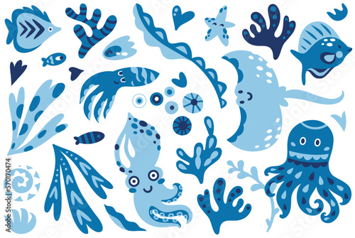 Collection of cute cartoon marine creatures in bright childish style. Flat simple style vector