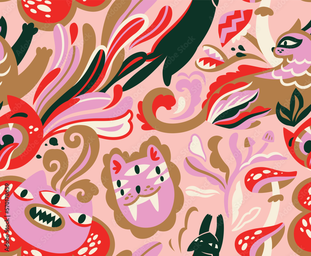 Seamless vector pattern with poisonous cat-plants and mushrooms