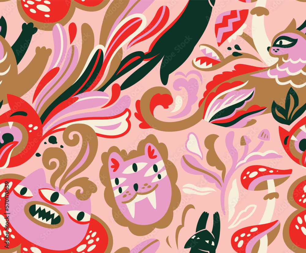 Obraz premium Seamless vector pattern with poisonous cat-plants and mushrooms