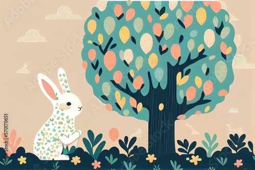 Colorful background of cute rabbit under tree in forest, cartoon style. generative Ai