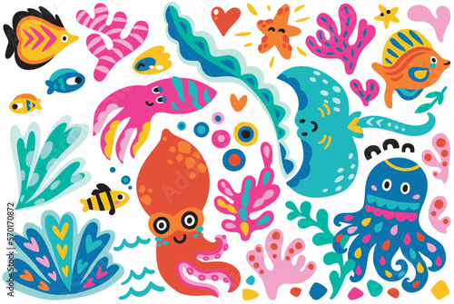 Fototapeta Naklejka Na Ścianę i Meble -  Collection of cute cartoon marine creatures in bright childish style. Flat simple style vector
