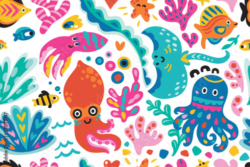 Seamless pattern with cute cartoon marine creatures. Flat simple style vector background