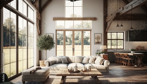 A modern farmhouse living room  wood accents and beams. Interior design. Inspiration.
