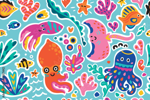 Seamless pattern with cute cartoon marine creatures. Flat simple style vector background