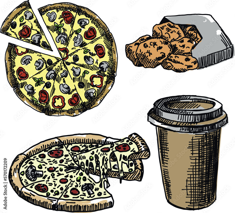 custom made wallpaper toronto digitalvector illustration of food fast food pizza nuggets drink