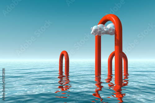 Red tubular portals emerging from the water with metallic cloud floating. Surreal 3D render. Abstract futuristic background